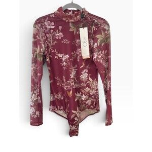 PatBo Delicata Floral Mesh Bodysuit Size XL Red New